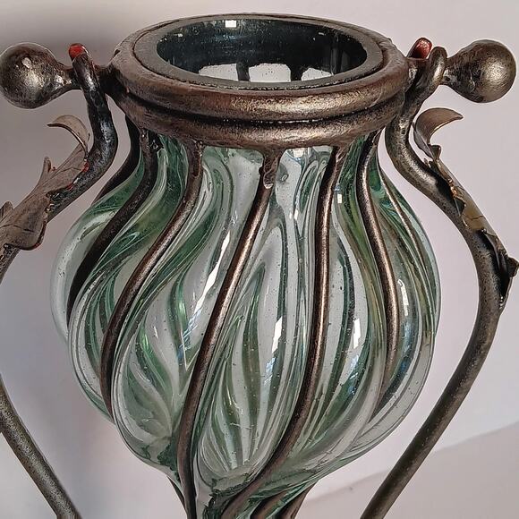 Amphora Vase Hand Blown Caged Green Glass Metal Leaves Stand 14.5" - Picture 7 of 16